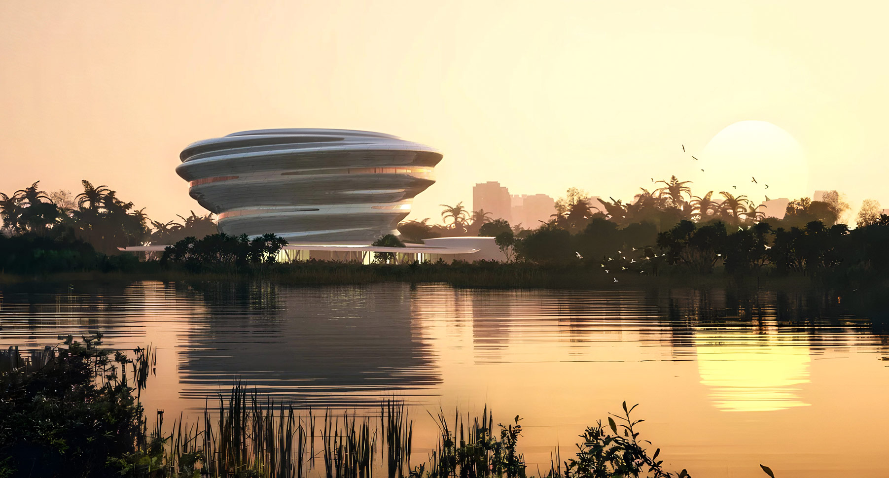 海南科技馆湖畔建筑外观